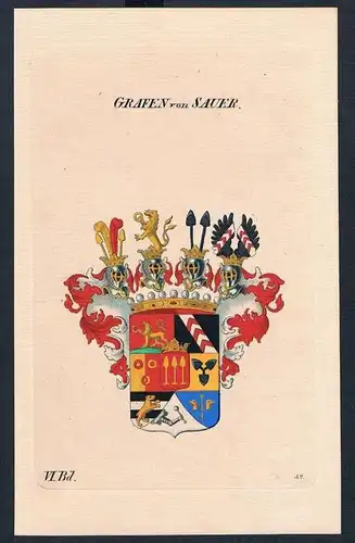 Grafen von Sauer Wappen Kupferstich Genealogie Heraldik coat of arms