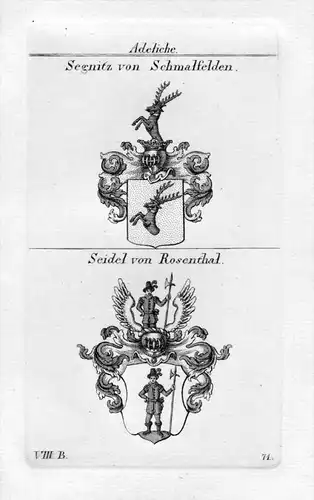 Segnitz Schmalfelden / Seidel Rosenthal - Wappen Adel coat of arms heraldry Heraldik Kupferstich