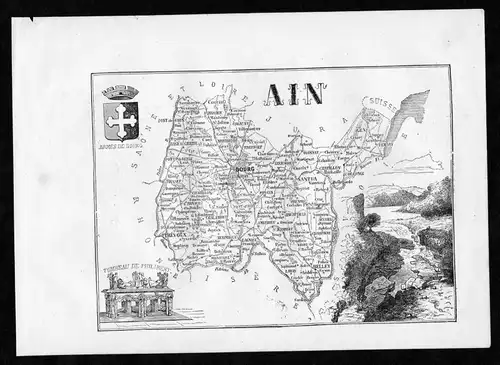 Ain - Bourg Trevoux Frankreich France Departement Karte map Holzstich