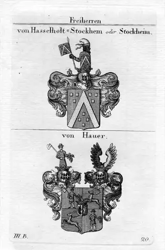 Hasselholt Stockhem Stockheim / von Hauer - Wappen coat of arms Heraldik heraldry Kupferstich