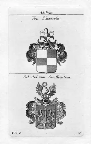 Schauroth / Schedel Greiffenstein - Wappen Adel coat of arms heraldry Heraldik Kupferstich