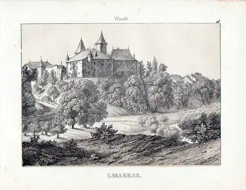 Schloss La Sarraz / Schweiz - original Lithographie Ansicht