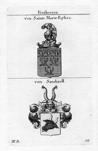 Sainte Marie Eglise Sandizell - Wappen Adel coat of arms heraldry Heraldik Kupferstich