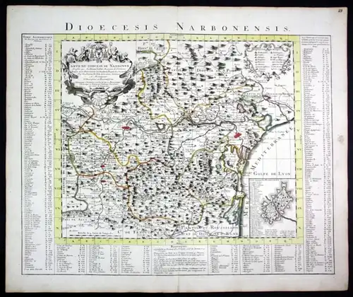 "Carte du diocese de Narbonne" - Narbonne Carcassonne Beziers Limoux Leucate map Karte Covens Mortier