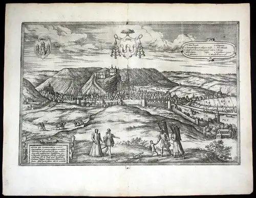 Hvum - Huy Belgium Belgique Braun Hogenberg map Plan gravure engraving