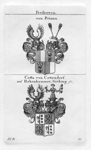 Bünau / Cotta - Wappen Adel coat of arms heraldry Heraldik Kupferstich