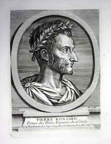 "Pierre Ronsard" - Pierre de Ronsard auteur poetes gravure Kupferstich Portrait engraving