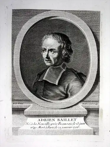 Adrien Baillet - Adrien Baillet (1649-1706) scholar critic biographer of Rene Descartes theologien gravure his