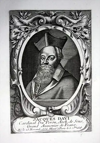 Jacques Davi - Jacques-Davy Du Perron (1556-1618) Saint-Lo poet cardinal prelat poete gravure Kupferstich Port