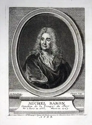 Michel Baron - Michel Baron (1653-1729) acteur actor playwright gravure Kupferstich Portrait engraving actor