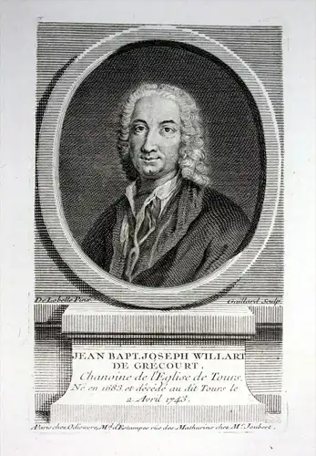 Jean Bapt. Joseph Willart de Grecourt - Jean Baptiste de Grecourt (1683-1743) Tours poet Dichter poete gravure