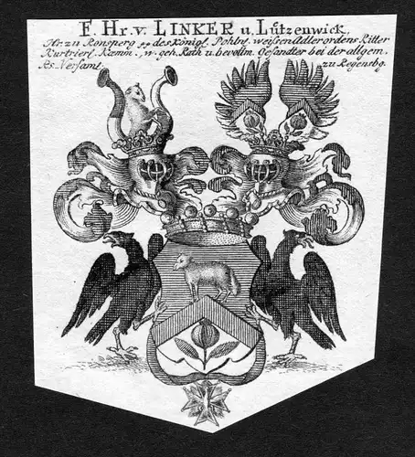Linker u. Luetzenwick - Linker von Lützenwick Wappen Adel coat of arms heraldry Heraldik Kupferstich