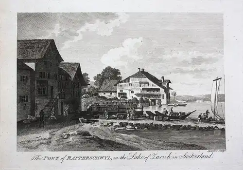 The Port of Rapperschwyl on the Lake of Zurich in Switzerland - Rapperswil Zürichsee Hafen St. Gallen gravure