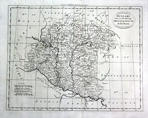 "Hungary with part of the adjoining pincipalities" - Hungary Ungarn Budapest Bratislava Karte map Kupferstich engraving