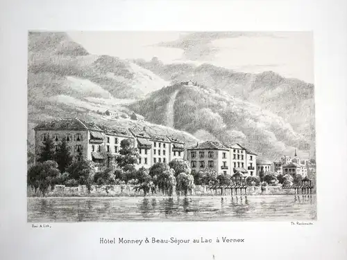 Hotel Monney & Beau-Sejour au Lac a Vernex - Lac du Vernex Vaud Waadt Hotel Monney Suisse Lithographie lithogr