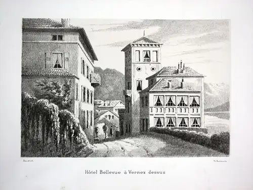 Hotel Bellevue a Vernex dessus - Vernex Montreux Hotel Bellevue Waadt Vaud Lithographie lithograph