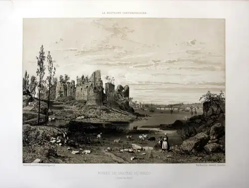 Ruines du Chateau du Guildo - Chateau du Guildo Bretagne France estampe Lithographie lithograph
