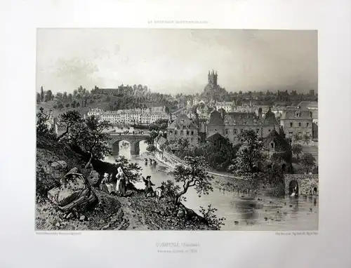 Quimperle - Quimperle Elle riviere vue Bretagne France estampe Lithographie lithograph