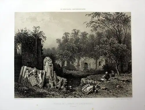 Ruines de l'Abbaye de Landevenec - Abbaye Saint-Guenole de Landevennec Bretagne France estampe Lithographie li