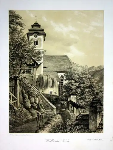 Hallstätter Kirche - Katholische Pfarrkirche Hallstatt Salzkammergut Lithographie Litho