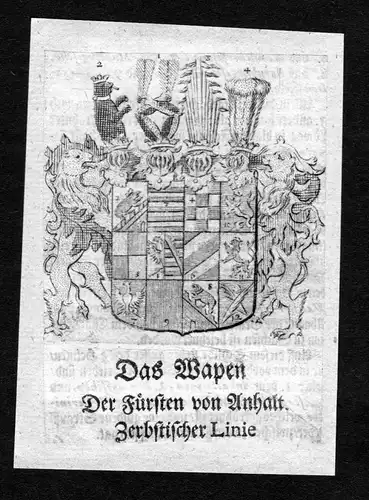 Anhalt Zerbstischer Linie - Anhalt-Zerbstische Linie Wappen Adel coat of arms heraldry Heraldik Kupferstich