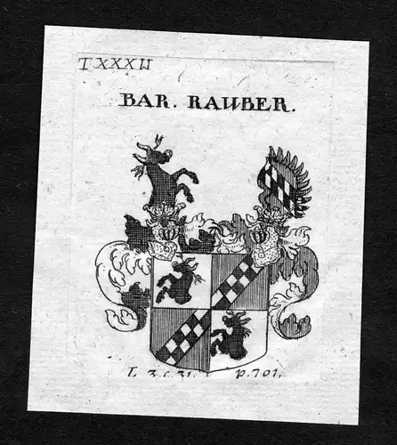 Bar. Rauber - Rauber  Wappen Adel coat of arms heraldry Heraldik Kupferstich