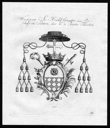 Wappen Sr. Hochf. Gnaden Bischofs zu Sitten, des h.r. Reichs Fürsten - Sitten Wappen Adel coat of arms herald