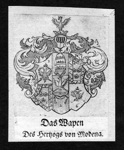 Das Wapen des Hertzogs von Modena - Modena Wappen Adel coat of arms heraldry Heraldik Kupferstich
