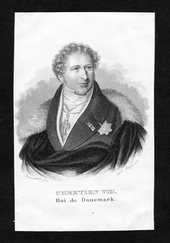 Chretien VIII Roi de Danemark - Christian Frederik konge Norge Danmark Portrait  engraving