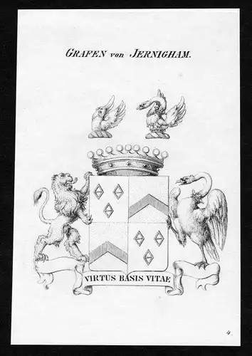 Grafen von Jernigham - Jernigham Jerningham Wappen Adel coat of arms heraldry Heraldik Kupferstich