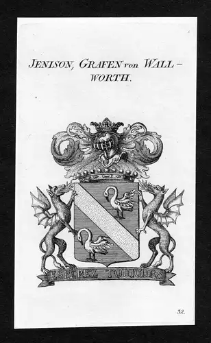 Jenison, Grafen von Wallworth - Jenison-Walworth Wappen Adel coat of arms Kupferstich  heraldry Heraldik