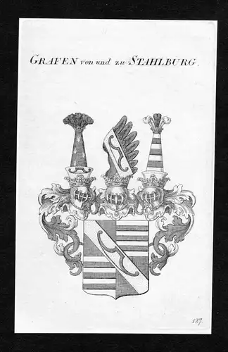 Grafen von und zu Stahlburg - Stahlburg Wappen Adel coat of arms Kupferstich  heraldry Heraldik