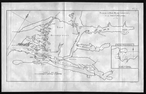 Plan de la Baye Dusky (Obscure) a la Nouvelle Zelande - Dusky Sound Resolution Island New Zealand map Karte Ku