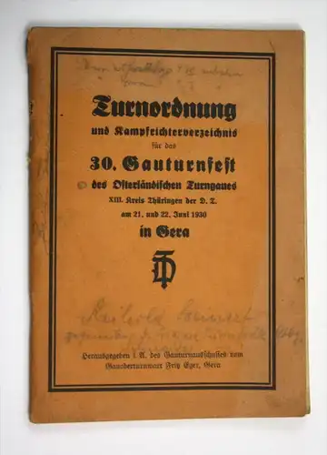 Zuordnung und Kampfrichterverzeichnis für das 30 Gauturnfest des Osterländischen Turngaues.