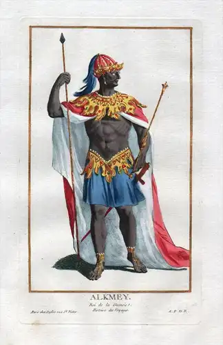 "Alkmey Roi de la Guinee" - Alkmey Guinea Guinee Africa king Portrait costumes Kupferstich antique print