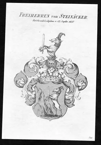 Freiherren von Steinäcker - Steinaecker Wappen Adel coat of arms Kupferstich  heraldry Heraldik