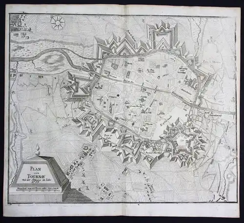 Plan von Tournay mit der Attaque im Iahr 1709 - Tournai Belgique attaque gravure plan