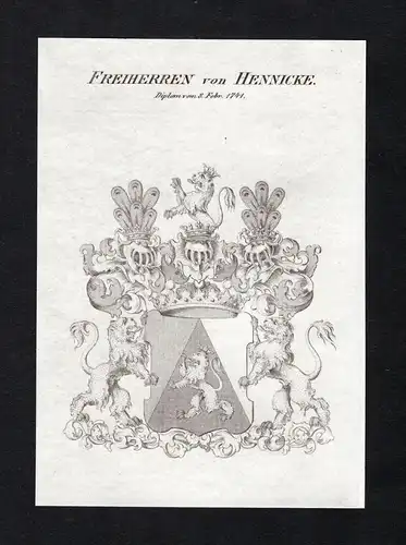 Freiherren von Hennicke - Hennicke Wappen Adel coat of arms Kupferstich  heraldry Heraldik