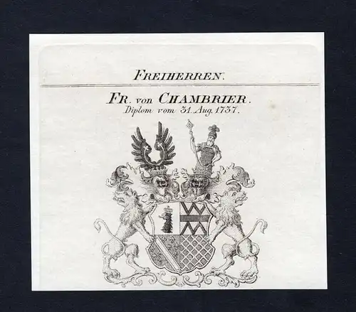 Fr. von Chambrier - Chambrier Wappen Adel coat of arms Kupferstich  heraldry Heraldik