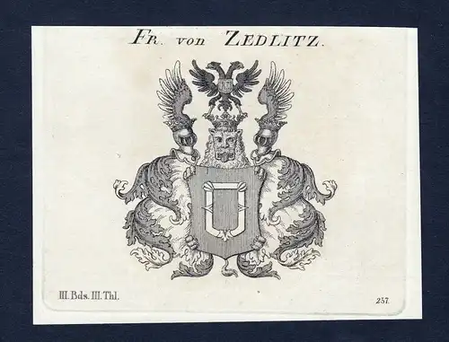 Fr. von Zedlitz - Zedlitz Wappen Adel coat of arms Kupferstich  heraldry Heraldik