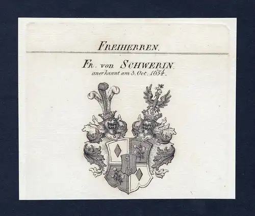 Fr. von Schwerin - Schwerin Wappen Adel coat of arms Kupferstich  heraldry Heraldik