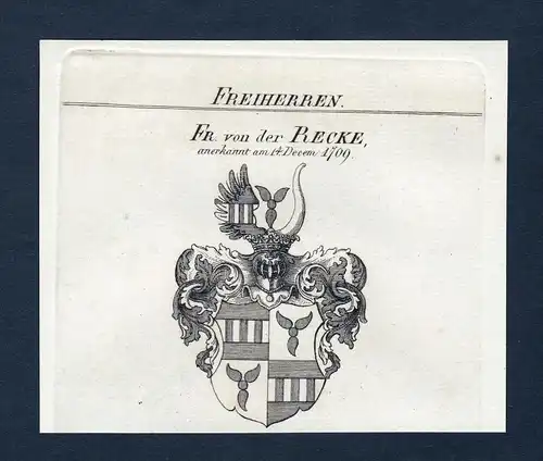 Fr. von der Recke - Recke Wappen Adel coat of arms Kupferstich  heraldry Heraldik