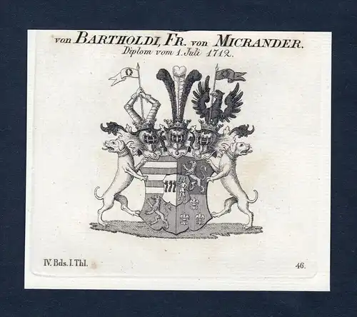 Von Bartholdi, Fr. von Micrander - Bartholdi Micrander Wappen Adel coat of arms Kupferstich  heraldry Heraldik