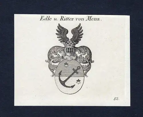 Edle u. Ritter von Menz - Menz Wappen Adel coat of arms Kupferstich  heraldry Heraldik