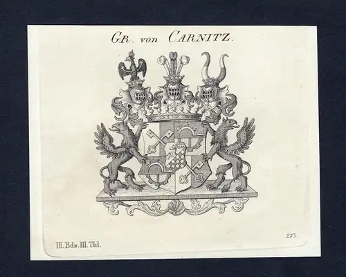 Gr. von Carnitz - Carnitz Wappen Adel coat of arms Kupferstich  heraldry Heraldik