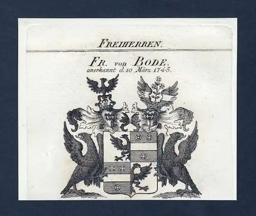 Fr. von Bode - Bode Wappen Adel coat of arms Kupferstich  heraldry Heraldik