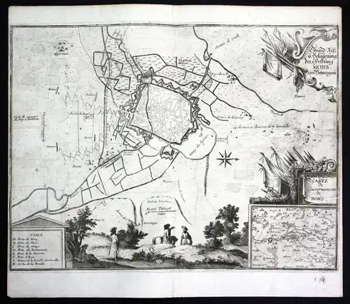 "Grund-Riß u. Belagerung der Festung Mons in Hennegau" - Mons Grundriss carte gravure Karte map Kupferstich antique prin