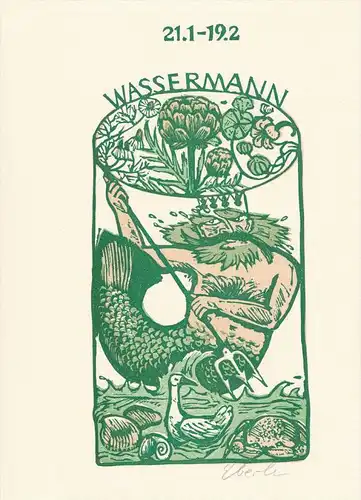 Dreifarben-Original-Linolschnitt von Klaus Eberlein zu dem Buch Klaus Münzenmaier "Himmlisch speisen".