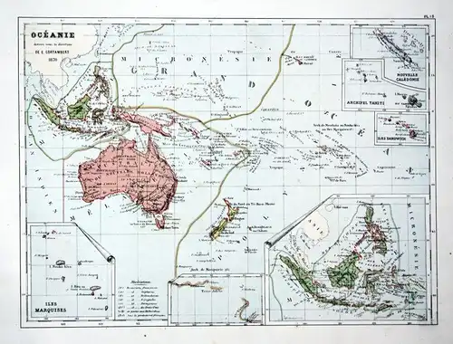 Oceanie - Ozeanien Oceania Australia Australien Neuseeland New Zealand Weltkarte Karte world map Lithographie