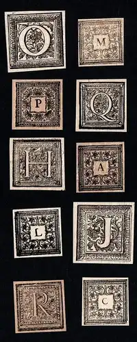 Konvolut von 10 Ornament Kupferstich-Buchstaben A, H, L, O, Q, B, M, J, C, P ornament letters antique print gr